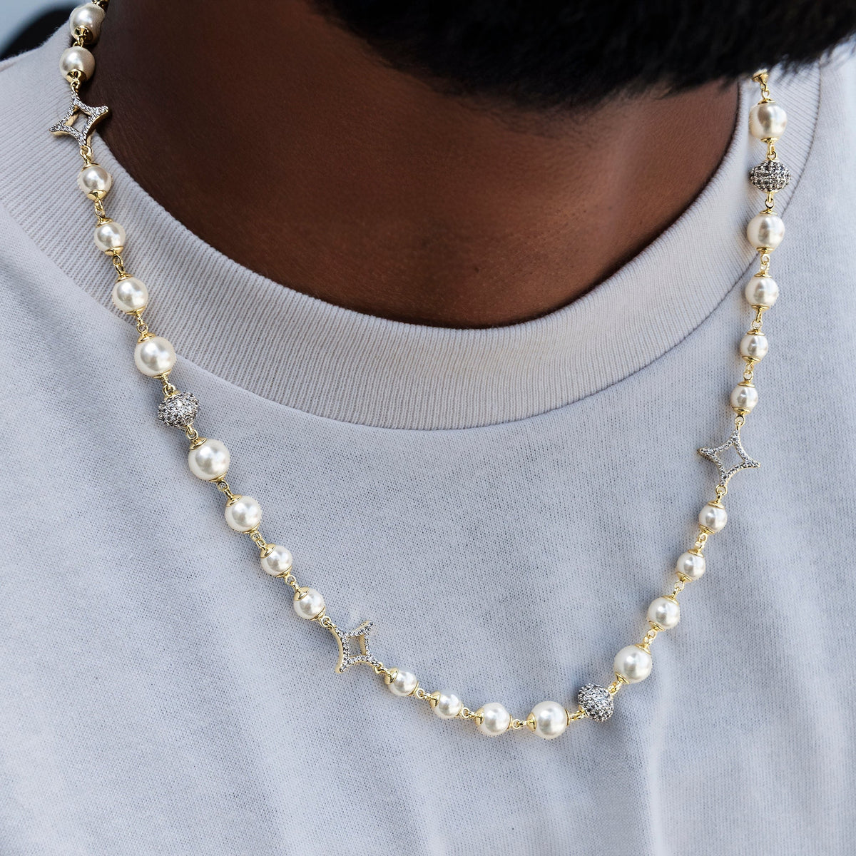 Iced Beaded Pearl Chain in Yellow Gold