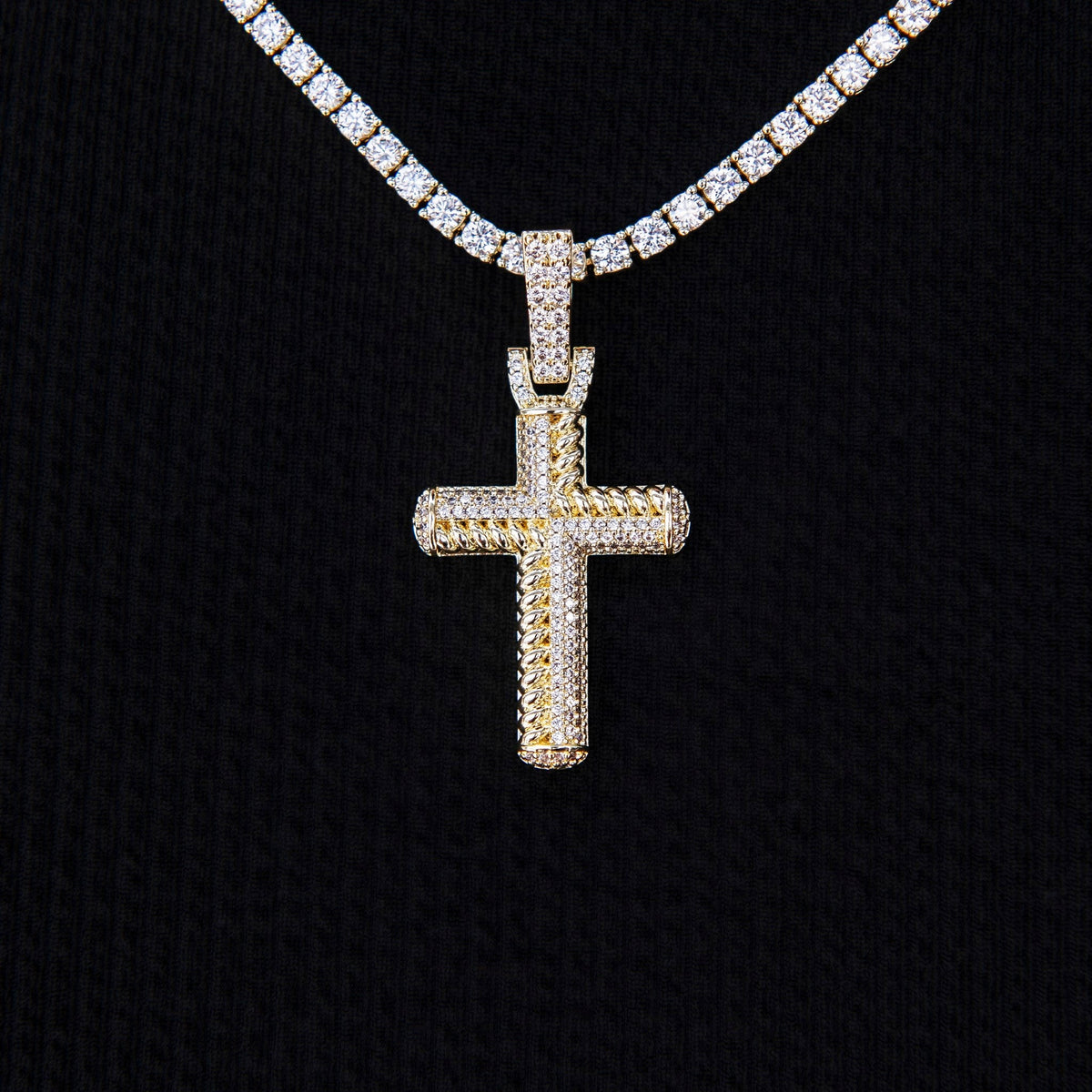Iced Rope Mix Cross Pendant in Yellow Gold